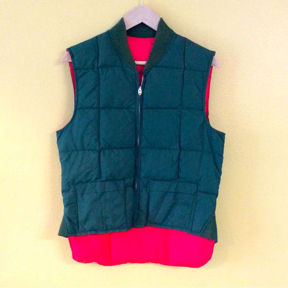 Vintage 70s 80s Reversible Quilted Puffer Vest Green Orange Gorpcore